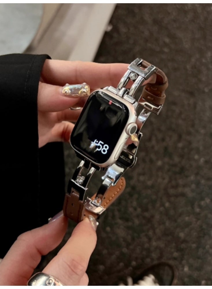 Metal Leather erfly Buckle Strap Brown Suitable For 46MM (iWatch 10th generation)Use - Image 1
